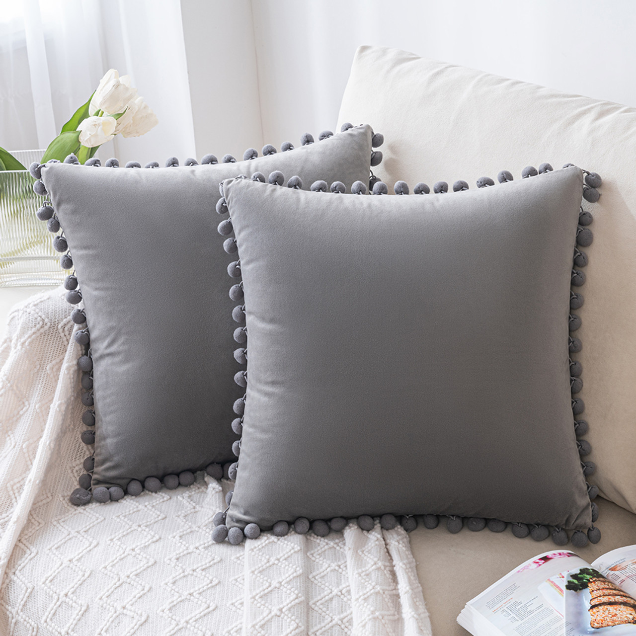 Set of 2 Cushions with Premium Pompom Velvet Cushion Covers Included 45x45cm The Towel Shop