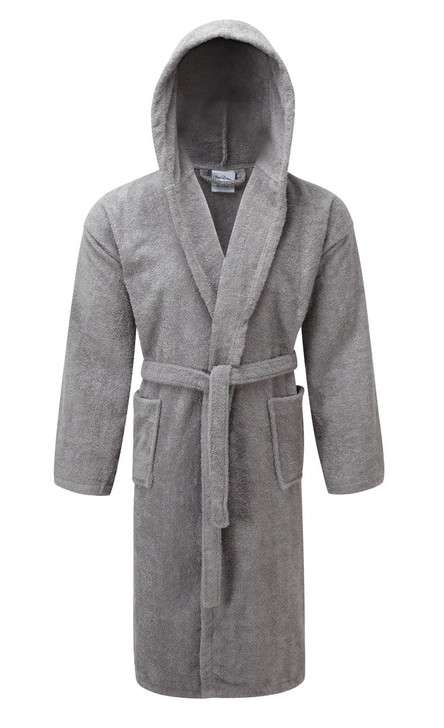 Luxury Hooded Silver Light Grey Terry Towelling Dressing Gown - Egyptian Collection Soft Cotton