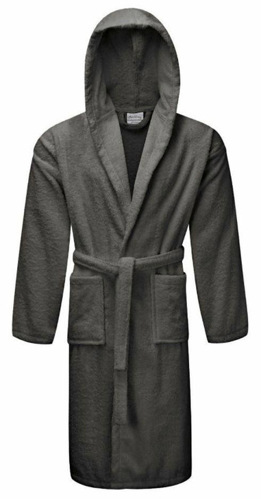 Luxury Hooded Charcoal Terry Towelling Dressing Gown - Egyptian Collection Soft Cotton