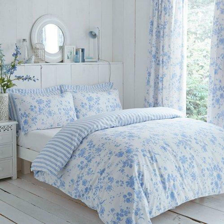 Polycotton Amelie Toile Printed Duvet Cover Set - Blue  "Piped"
