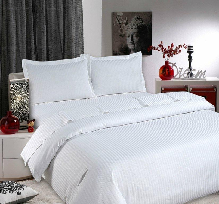 400 Thread Count Satin Stripe White Duvet Quilt Cover & Pillow Case All Sizes 